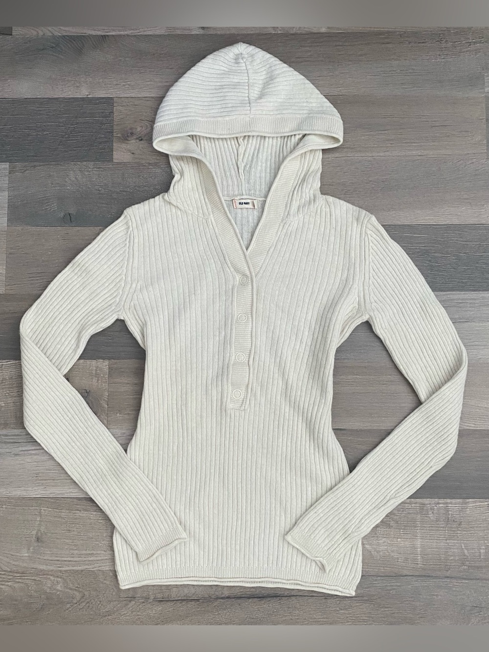 Vintage Y2K Hooded V Neck Top Size S White Ribbed Fitted Snap Front Angora Blend